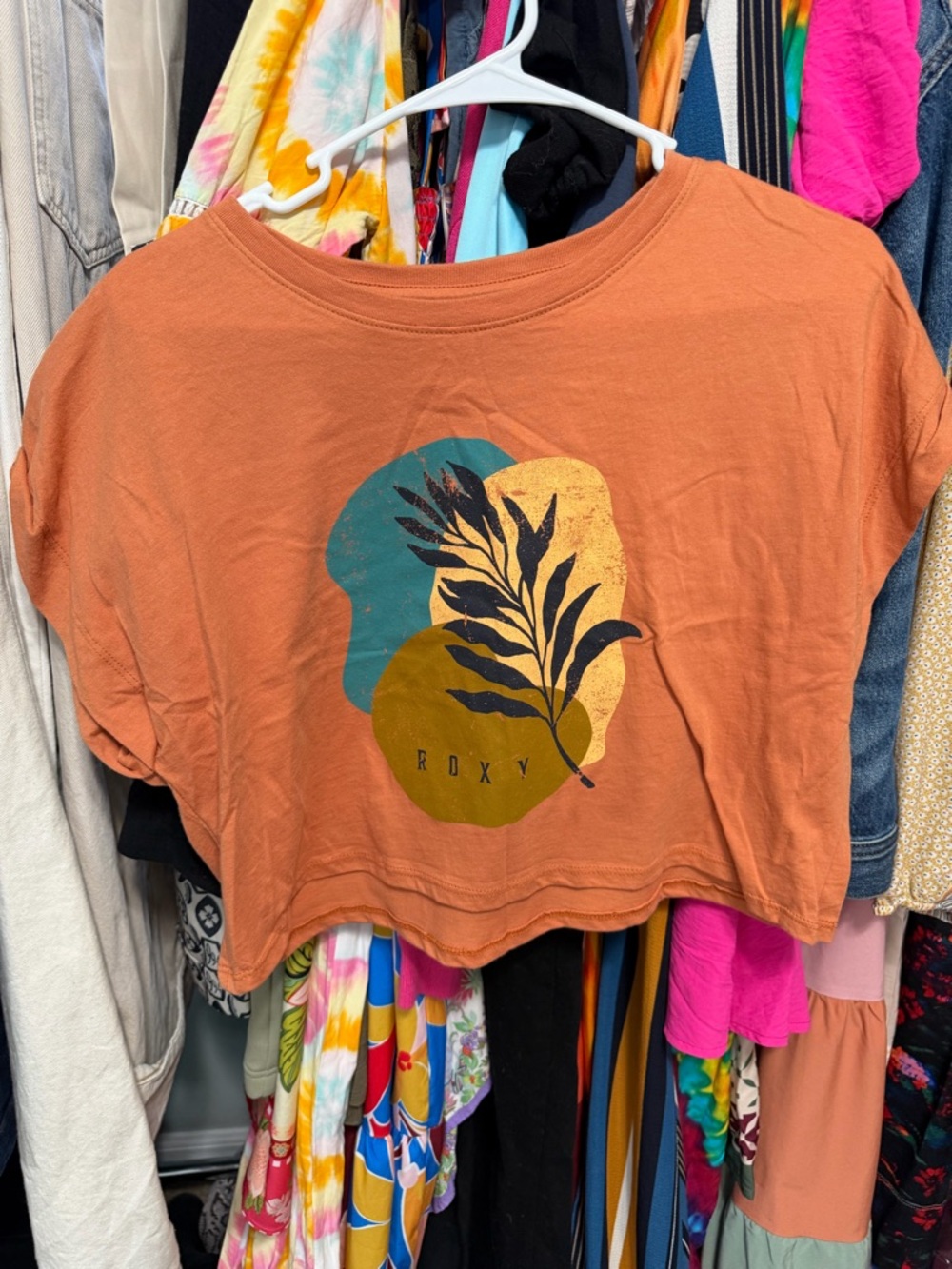 Roxy Rust Orange Graphic Crop Top with Teal & Mustard Accents